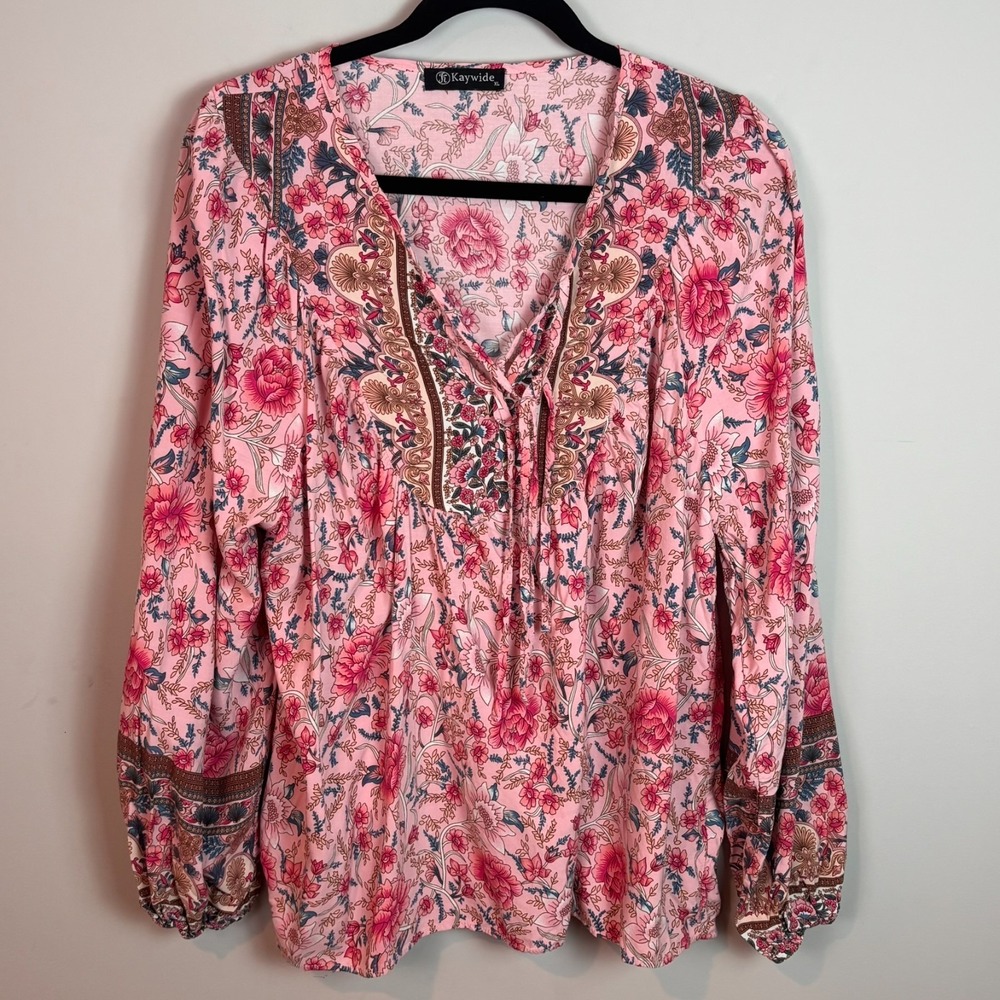 Kaywide Womens Pink Floral Lightweight Boho Peasant Long Sleeve Tasseled Top XL